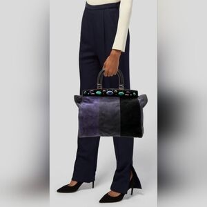 Tory Burch Attersee Women Luxe Suede Frame Satchel Bag Jewel /Black Large